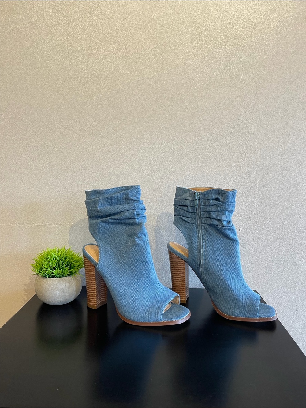 Denim Blue Open-Toe Slouch Heel Booties